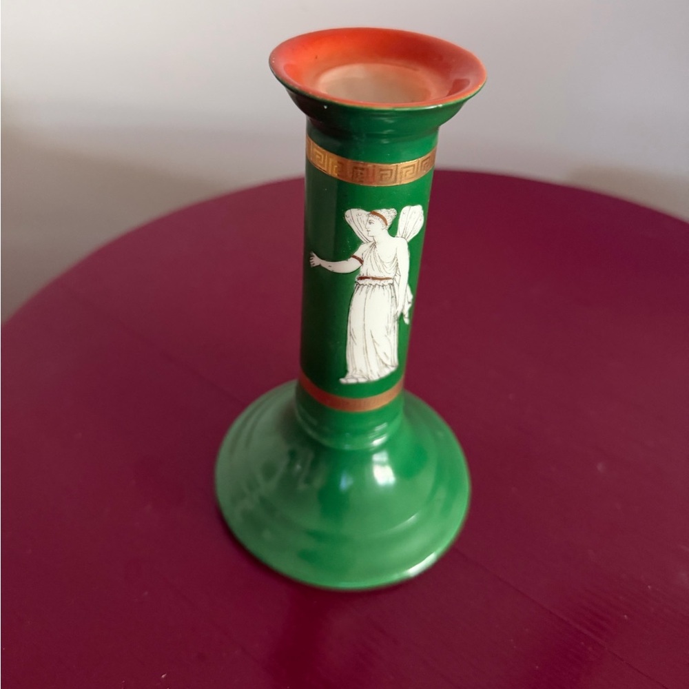 Antique Aria Green and White Angel Motif Candle Holder